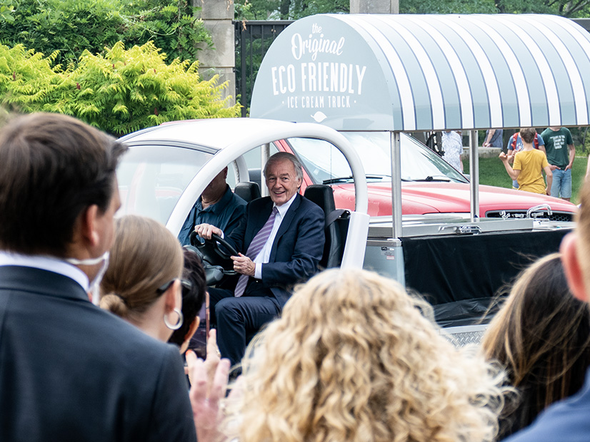 Sen. Ed Markey (D-Mass.) drives the Eco Friendly Ice Cream Truck during an event at the foot of Capitol Hill Wednesday.
