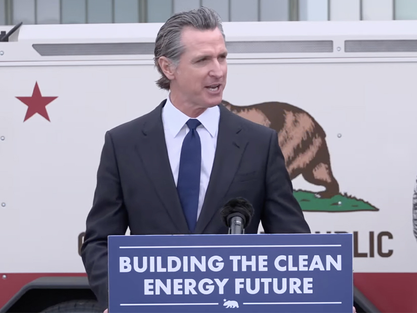 Gov. Gavin Newsom spoke about his clean energy transition plan outside Moxion Power's new factory in Richmond, Calif.