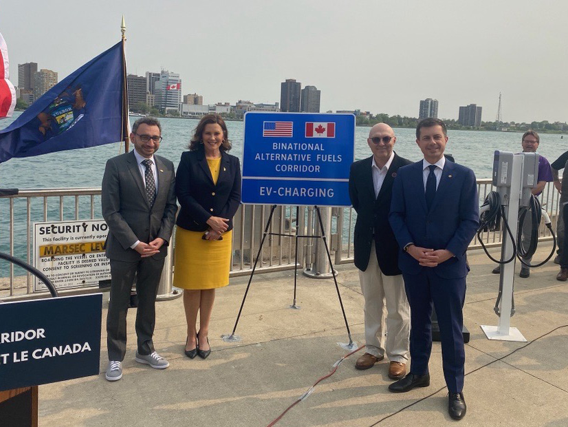 Canadian Minister of Transport Omar Alghabra, Michigan Governor Gretchen Whitmer, Dynamic Electrical Group President and IBEW Member Bill Baisden, and U.S. Transportation Secretary Pete Buttigieg in Detroit announcing the new binational corridor.