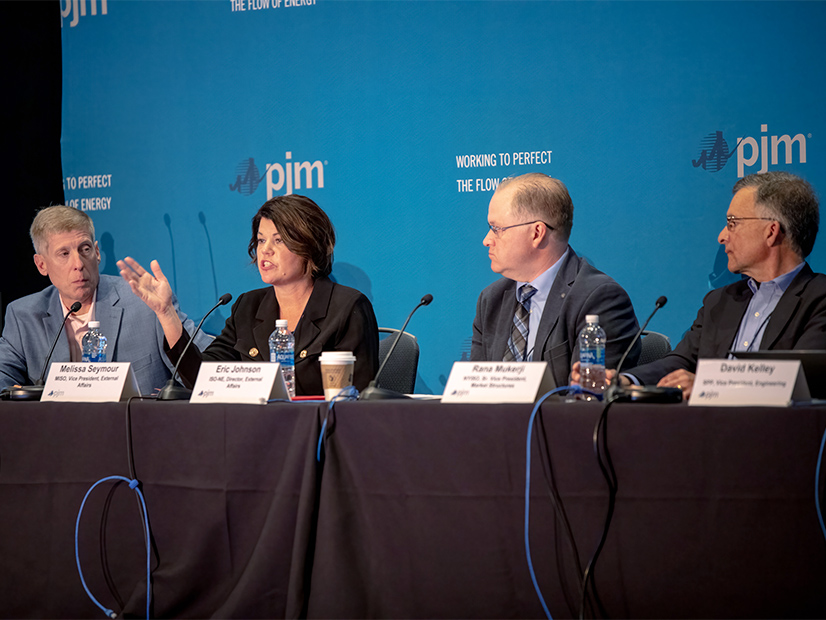 Panelists from several RTOs discussed how stakeholders can learn from their experiences on reliability, security and the clean energy transition. From left: Stu Bresler, PJM; Melissa Seymour, MISO; Eric Johnson, ISO-NE; and Rana Mukerji, NYISO.