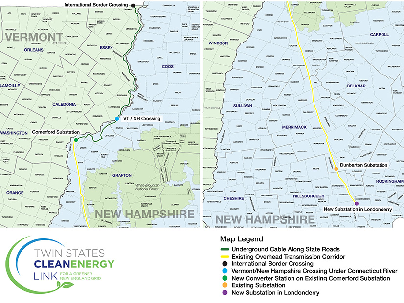 The northern (left) and southern (right) portions of the proposed Twin States Clean Energy Link in Vermont and New Hampshire are shown.