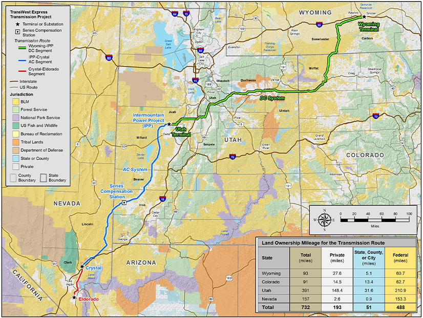 The 732-mile TransWest Express transmission line is designed to deliver Wyoming wind power to markets farther west <span style="color: rgb(65, 65, 65); letter-spacing: normal; orphans: 2; text-align: left; white-space: normal; widows: 2; word-spacing: 0px; display: inline !important; float: none;">—</span> particularly California.