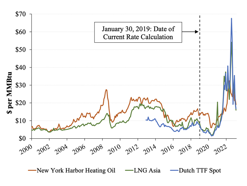 A graphic from ISO-NE's consultant Todd Schatzki showing the changes and volatility in global natural gas prices since the IEP was originally filed in 2019.