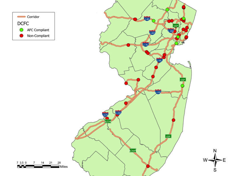 New Jersey is in negotiations to increase the number of EV chargers on its two main highways, the New Jersey Turnpike (north-south on the left) and the Garden State Parkway (north-south on the right).