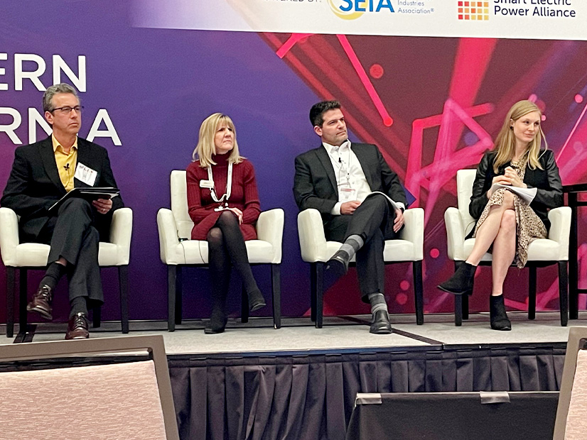 A panel on rate design in California included (from left) Matthew Freedman, TURN; Jeanne Armstrong, SEIA; Michael Backstrom, Southern California Edison; and Julia Pyper, GoodLeap.