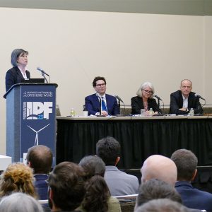 A panel discussion at IPF (from left): Judy Chang of the Kennedy School, Georges Sassine of NYSERDA, Carrie Cullen Hitt of Equinor, Markus Laukamp of WindGrid, and Neil Kirby of GE