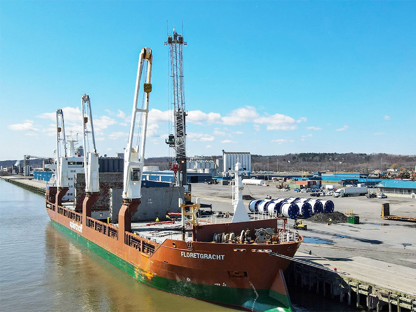 Reels of Swedish-made HVDC cable are unloaded Thursday at the Port of Albany for the New York portion of the Champlain Hudson Power Express.