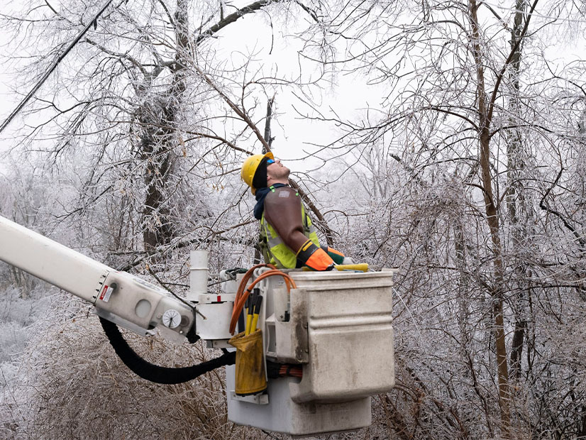 A Consumers Energy worker responds to a downed power line following the late February ice storm.