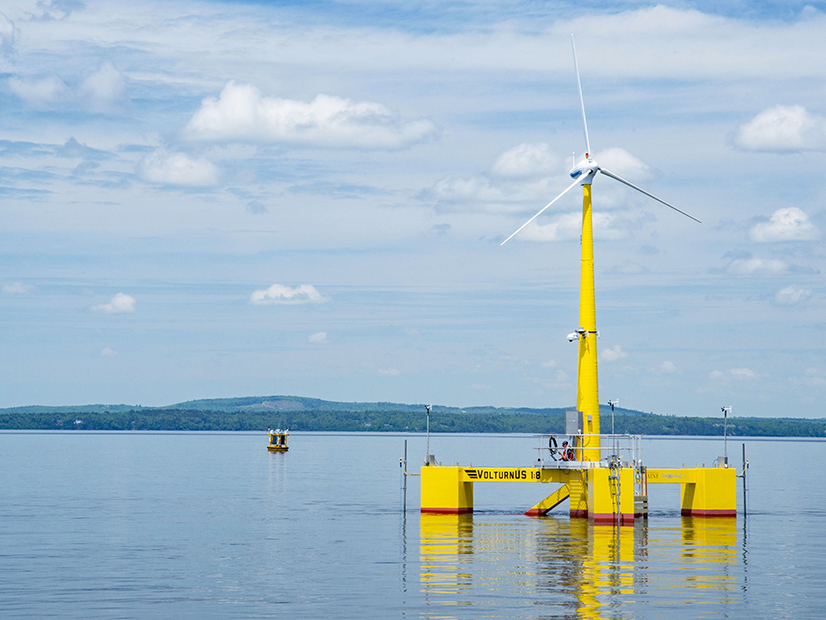 The University of Maine's 1:8 scale experimental floating wind turbine is shown.