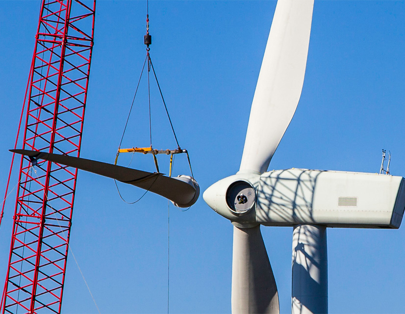 A wind turbine is assembled at an Avangrid project in Groton, N.H.