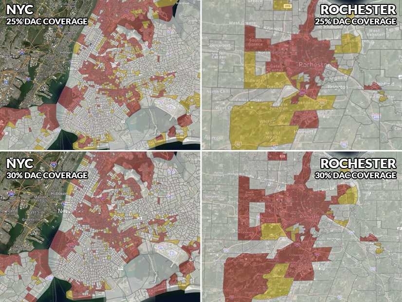 Rochester and New York City with 25% DAC coverage (top row) and 30% coverage (bottom row); red indicates census tracts covered and yellow shows tracts lost in a lower threshold.
