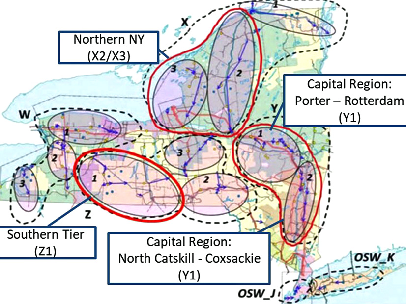 The areas circled in red contain power transmission bottlenecks that are targeted by a round of upgrades approved Thursday by the New York state Public Service Commission.