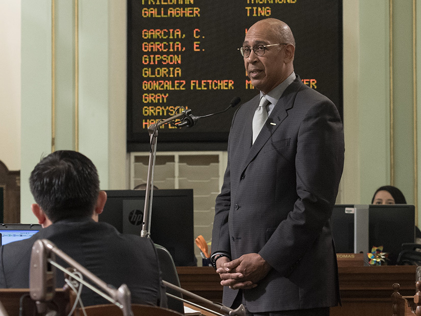 Assemblymember Christopher Holden, seen here speaking on the Assembly floor, will have to convince his fellow lawmakers that CAISO should become an RTO. 
