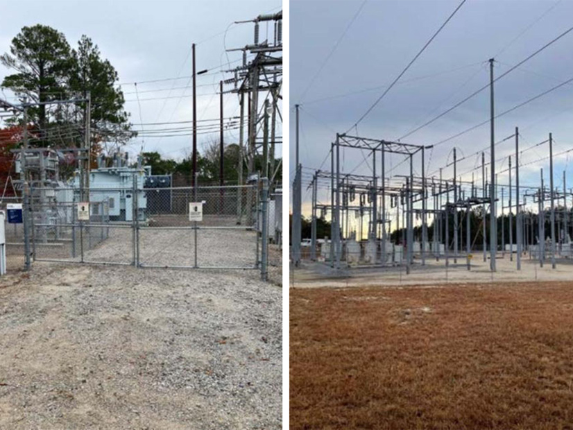 The Duke Energy substations in Carthage (left) and West End, N.C., that unidentified attackers shot on Dec. 3, 2022, leading to the loss of power for around 45,000 customers in Moore County