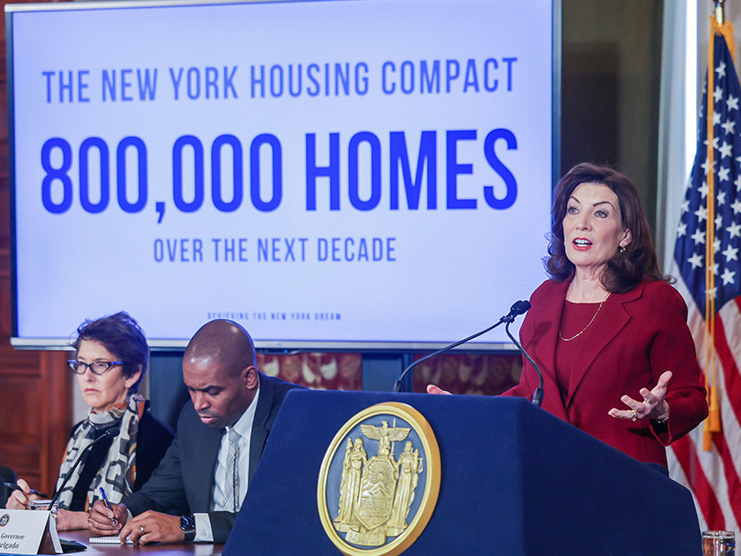 New York Gov. Kathy Hochul presents highlights of her proposed 2023-2024 budget, which includes a cap-and-invest program to speed the reduction of greenhouse gas emissions in the state.