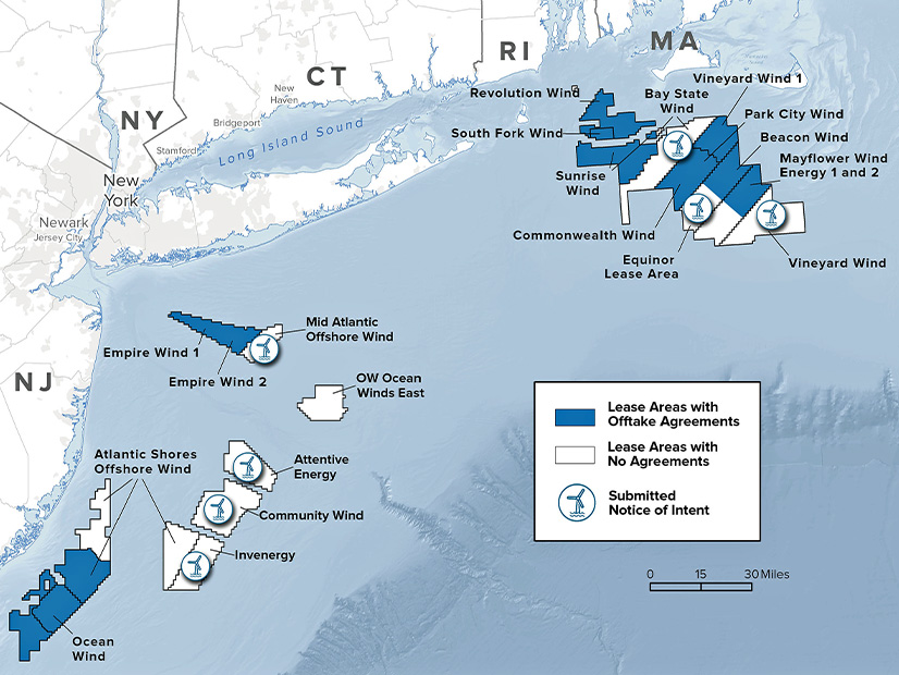 This map shows wind energy projects proposed off the coasts of New York, New Jersey and New England as of the end of 2022.