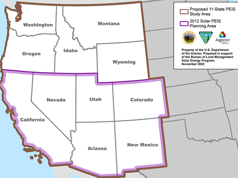 The Western Solar Plan covers six states, designating solar energy zones (yellow), exclusion zones (pink) and variance areas (blue).