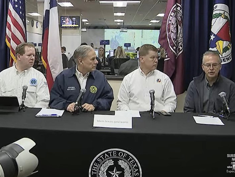 <span style=" white-space: pre-wrap;"><p>From left: Texas PUC chair Peter Lake; Gov. Greg Abbott; Nim Kidd, director of the Texas Division of Emergency Management; and ERCOT CEO Pablo Vegas hold a press conference in advance of the winter storm. 
</p></span>