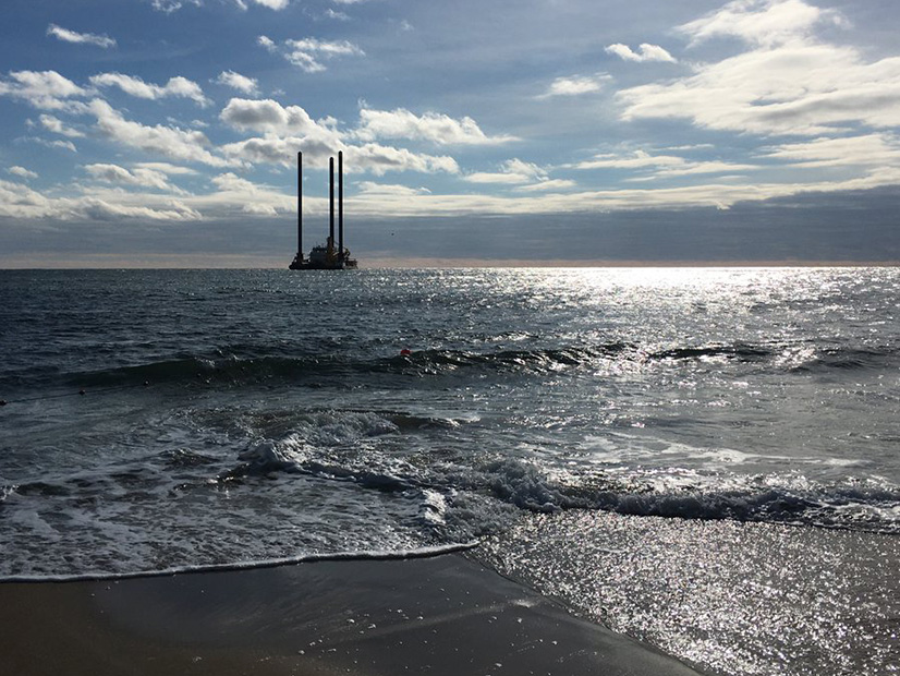 A liftboat is shown in November 2022 working on the South Fork Wind project, the first offshore wind installation in New York state.