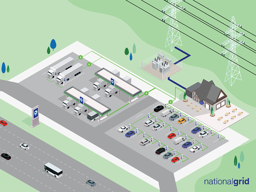 National Grid has released a study of the power demand from a future network of highway-charging plazas for battery-electric vehicles, such as the one in this conceptual image.