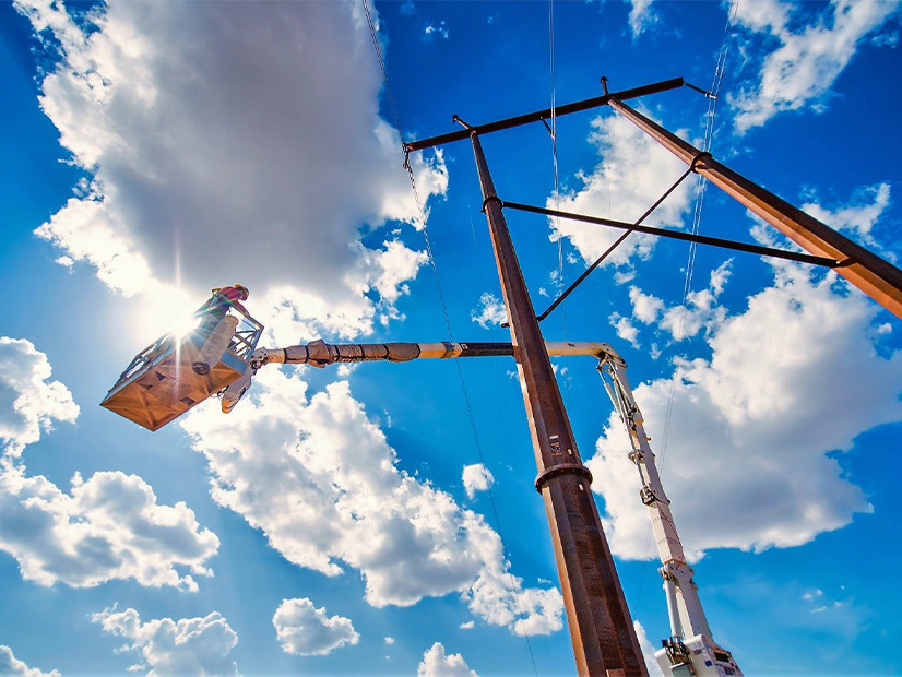 Xcel lineman works on upgrades to a transmission line.