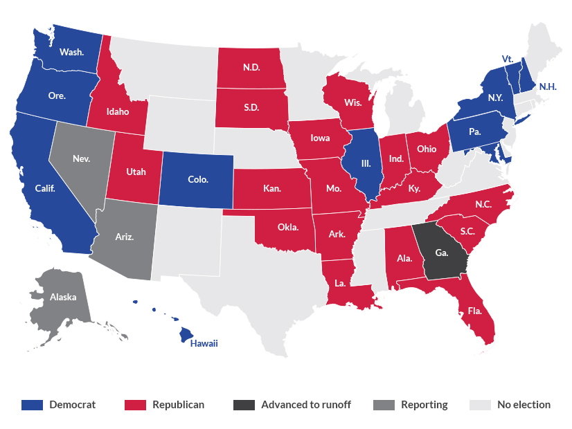 U.S. Senate election results as of Wednesday evening, as reported by the Associated Press
