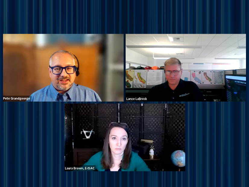 Virtual attendees at the 2022 GridSecCon security conference. Clockwise from top left: Peter Grandgeorge, Berkshire Hathaway Energy; Lance LaBreck, CAISO; Laura Brown, E-ISAC.