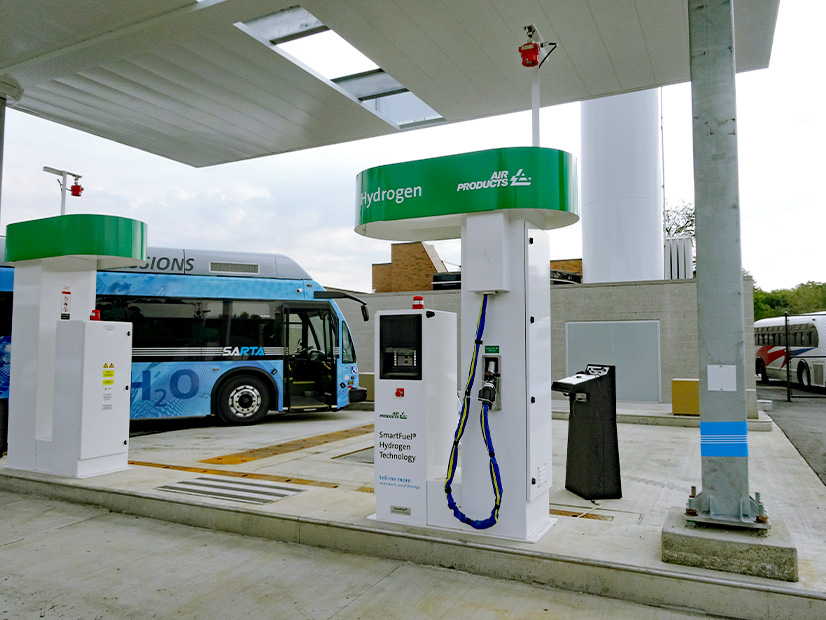 A Stark Area Regional Transit Authority zero emission bus is shown at an Air Products hydrogen fueling station.