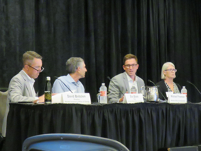 <p>A panel at the fall CREPC-WIRAB meeting that discussed CREPC's potentially expanded role included (from left) David Bobzien, Nevada Governor's Office; Colorado PUC
Chairman Eric Blank; Michael Freeman, Montana Governor's Office; and Washington UTC
Commissioner Ann Rendahl.</p>