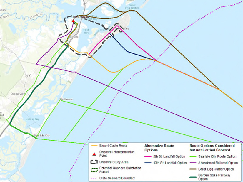 A map drafted by Ørsted shows different routes the developer considered for running cables from the turbines offshore to land and into a substation. The pink line is the developer's preferred route through Ocean City, which the NJ BPU approved Wednesday.