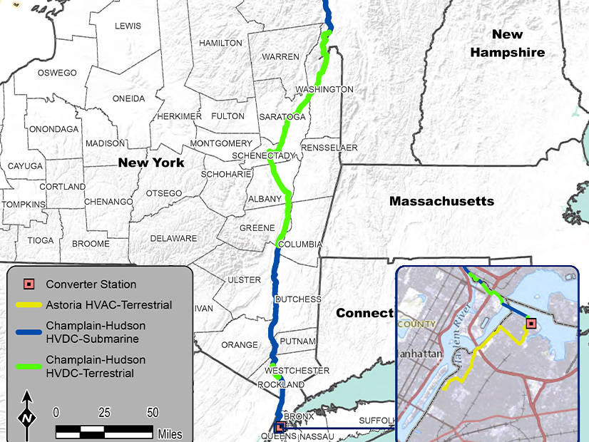 The Champlain Hudson Power Express underground HVDC line will carry up to 1.25 GW of power from Quebec to New York City on this route.