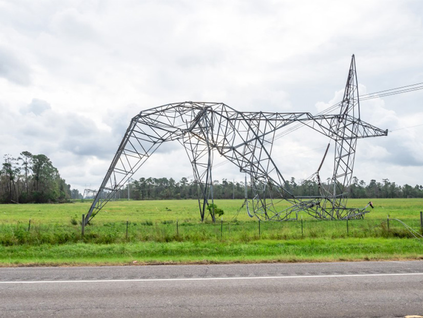 Damage to a Louisiana transmission tower from 2020's Hurricane Laura 