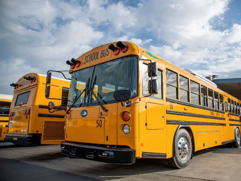 The CT Green Bank believes that electric school buses, like the Blue Bird EV seen here, can support the grid with vehicle-to-grid technology without affecting their operating schedules. 