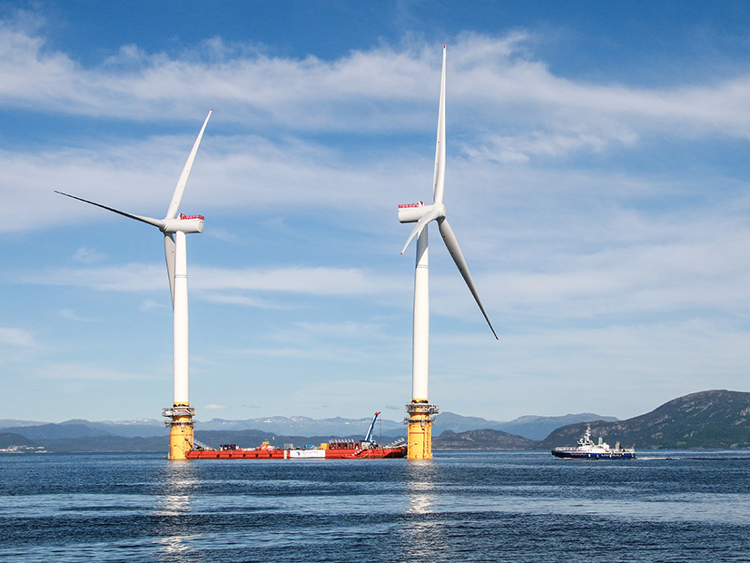 Two floating wind turbines head to the Hywind Scotland Pilot Park in 2017.