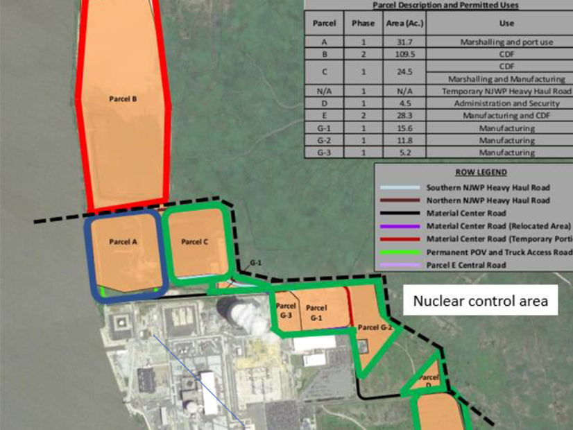 The New Jersey Wind Port will be built in two phases, with the areas with green and blue border to be built in the first phase. The red border outlines the land to be purchased by the New Jersey Economic Development Authority (EDA) for use in the second phase.