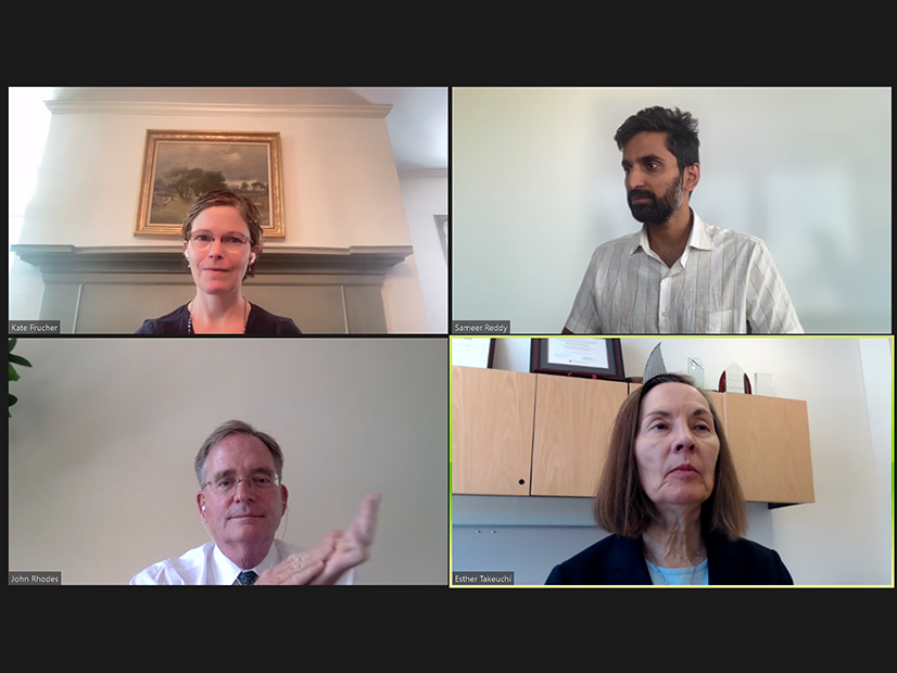 Talking energy storage innovation at the OEP webinar (clockwise from upper left): moderator Kate Frucher, The Clean Fight NY; Sameer Reddy, Energy Impact Partners; Esther Takeuchi, Brookhaven National Laboratory; and John Rhodes, White House Office of Domestic Climate Policy.
