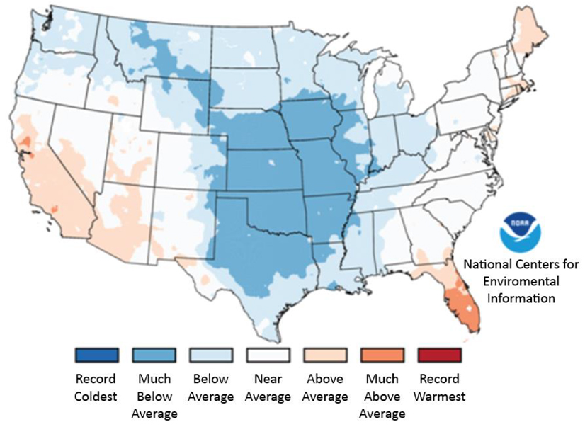 Average temperatures across the continental U.S. in February 2021.