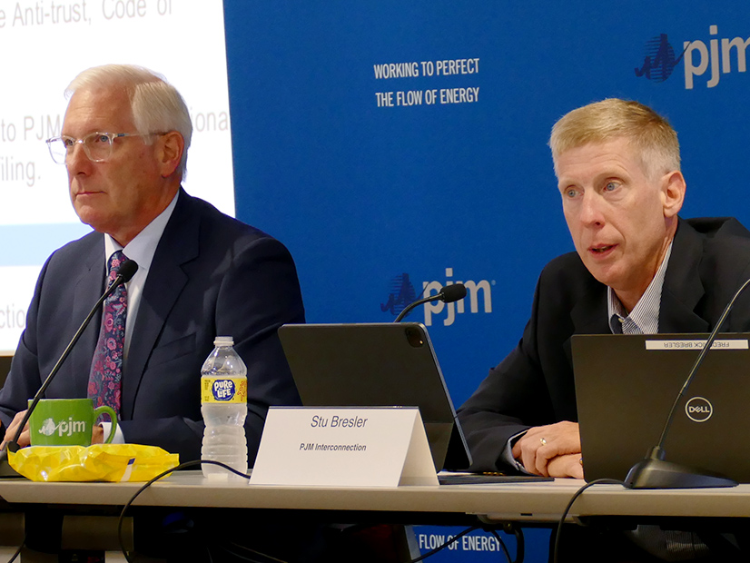 PJM's Dave Anders (left) and Stu Bresler presided over the first in-person meeting of the Markets and Reliability Committee since the coronavirus pandemic June 29.