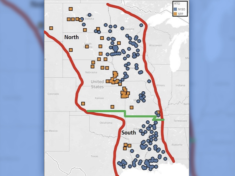 An illustrative example of the JTIQ affected system zone divided by MISO Midwest and MISO South