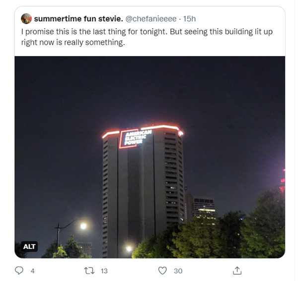 AEP building remains lit (summertime fun stevie via Twitter) Content.jpg