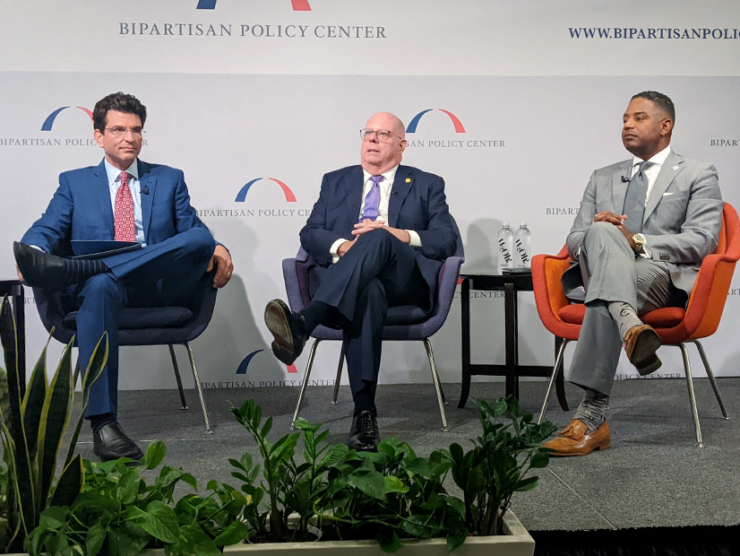 Talking IIJA at the Bipartisan Policy Center were (from left) BPC President Jason Grumet, Maryland Gov. Larry Hogan and Exelon COO Calvin Butler.