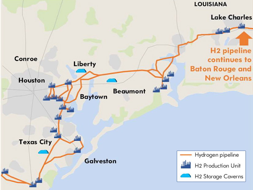 Map shows the existing hydrogen infrastructure in the Gulf Coast region.
