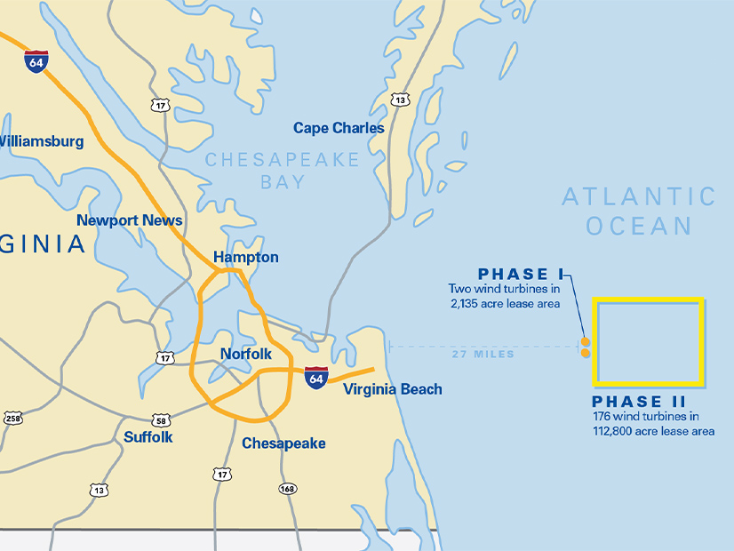 Dominion Energy's 2.6-GW Coastal Virginia Offshore Wind <span style="color: rgb(65, 65, 65); letter-spacing: normal; orphans: 2; text-align: left; white-space: normal; widows: 2; word-spacing: 0px; display: inline !important; float: none;">would</span> be located in a 112,800-acre lease area just east of its two-turbine pilot project, 27 miles off the coast of Virginia Beach.