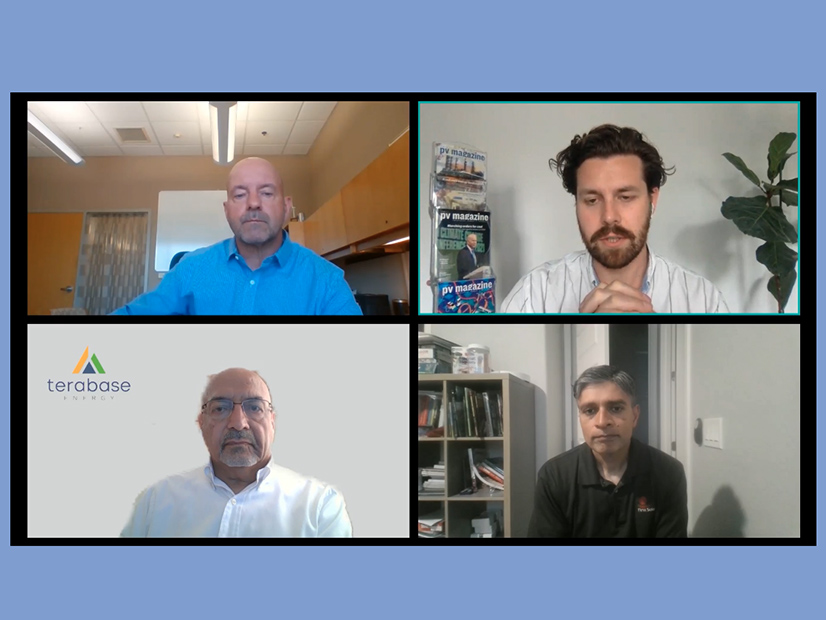 Clockwise from top left: Stephen Szymanski, U.S. marketing for Nel Hydrogen, of Norway, Blake Matich, editor of PV Magazine, Mahesh Morjaria, of Terabase Energy of California and Parikhit Sinha, scientist at First Solar in Arizona, discuss the use of renewable energy to produce green hydrogen.