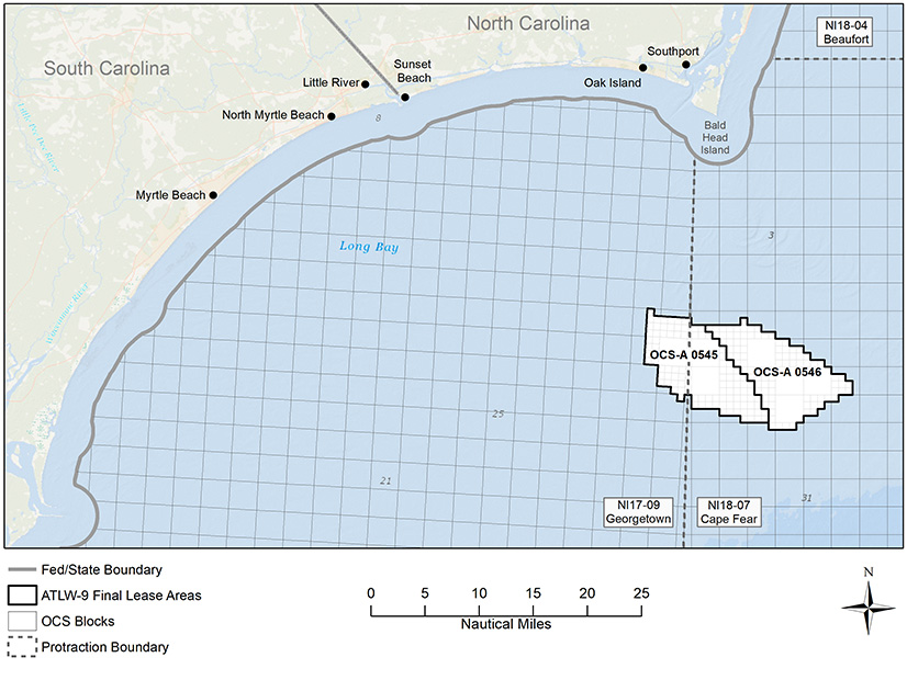 The Bureau of Ocean Energy Management auctioned two sites off of North Carolina capable of 1.3 GW of offshore wind.