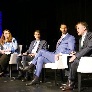 Clarke Bruno, Anbaric Development Partners (right), speaks on a panel with (left to right) Kent Herzog, 1898 & Co.; Jennifer Ayers-Brasher, RWE; Andy Geissbuehler, Atlantic Power Transmission, and Clint Plummer, Rise Light and Power.