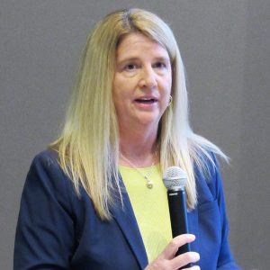 <p>SPP CEO Barbara Sugg speaks before GCPA's MISO South-SPP conference attendees.</p>