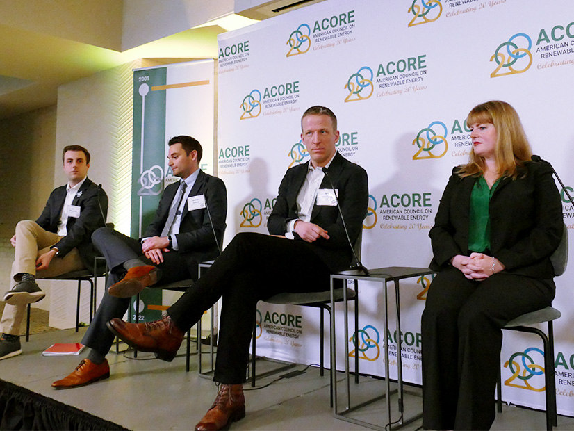 At the ACORE Policy Forum (from left,) Jon Bosworth, legislative director for U.S. Rep. Earl Blumenauer (D-Ore.); Bobby Andres, senior policy adviser for Senate Finance Committee Chair Ron Wyden (D-Ore.); Will Conkling, Google's head of data center energy supply for Americas and EMEA; and Katherine Gensler, vice president of government affairs and marketing for Arevon.