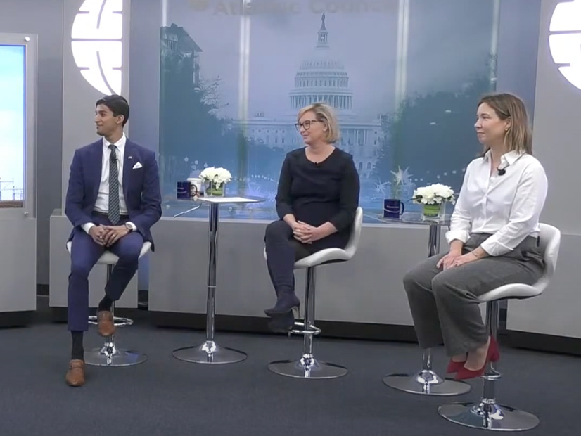 <p>In a discussion hosted Tuesday by the Atlantic Council, Varun Sivaram, senior director for clean energy and innovation for U.S. Special Presidential Envoy for Climate John Kerry (left), joined Orsted's Pamela Venzke and United Airlines'<strong> </strong>Lauren Riley for a discussion about the progress made by the First Movers Coalition in its first four months.</p>