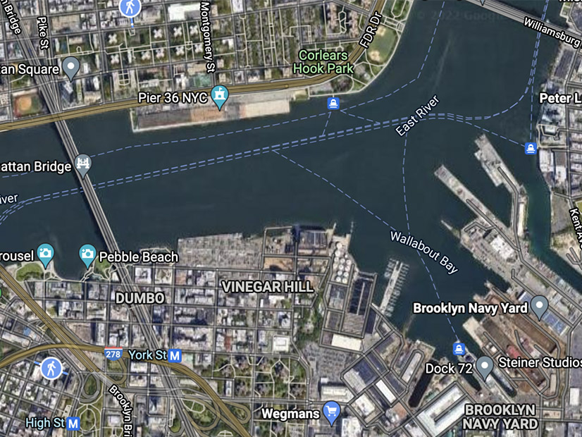 Map shows the area between DUMBO and the Brooklyn Navy Yard where Con Edison may site a new substation to inject up to 6 GW of OSW energy into the city. 